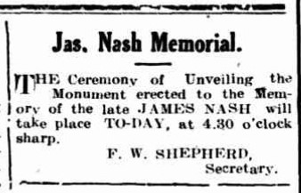 James Nash Memorial. GT 6 Mar 1915
