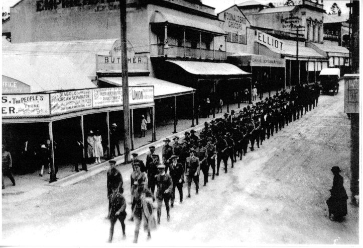 Anzac Day possible the first one held in Gympie c1920 Captain George Thomas in the centre of the first row of 3 men
