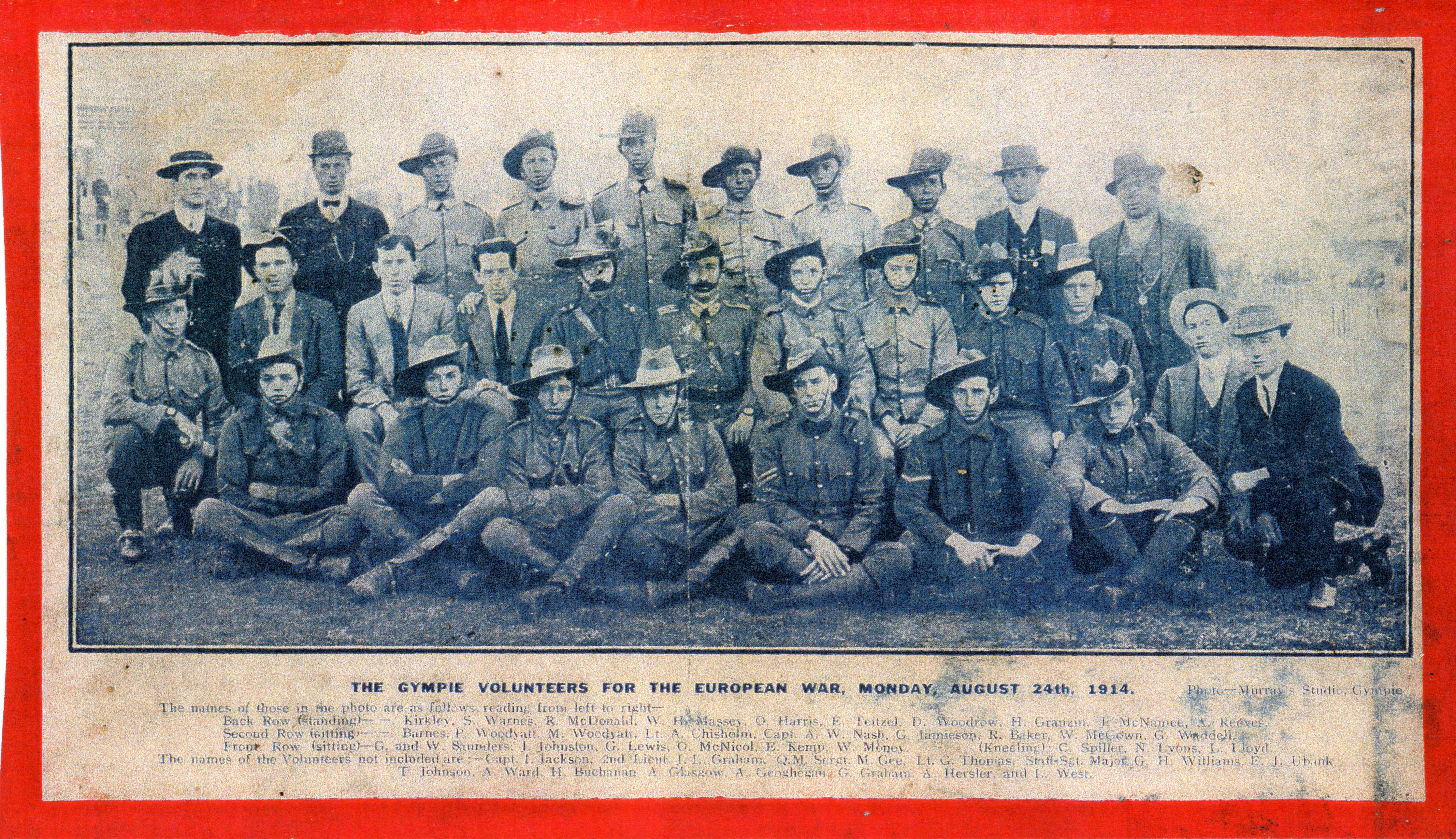 Gympie Volunteers for the European War, Monday August 24th 1914 (Mrs Gilliland's Scrapebook)