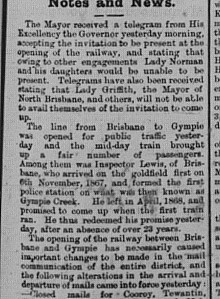 Gympie Times T Saturday, July 18, 1891 p. 2 Opening of Railway to Brisbane