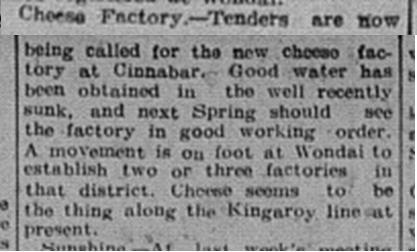 The Gympie Times, Saturday, October 7, 1916 p. 6 Cinnabar Cheese Factory