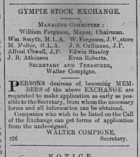 Gympie Times Thursday, July 10, 1884, p. 2 Managing committee Gympie Stock Exchange