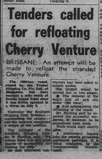 GT Thursday, July 19, 1973 p. 3 Tenders called for refloating Cherry Venture