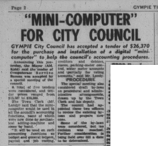 Computer for City Council Taken from The Gympie Times July 3 1975 p. 2.