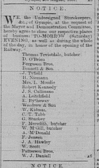 Gympie Times, Saturday, August 6, 1881 p. 2 Closure of Stores for Line opening