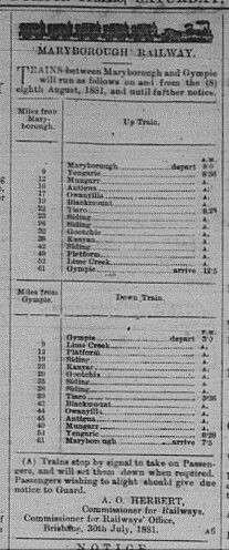 Gympie Times, Saturday, August 6, 1881 p. 2 Maryborough Railway Timetable