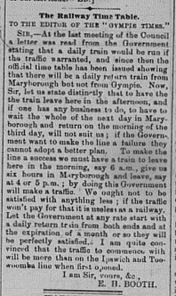 Gympie Times, Saturday, August 6, 1881 p. 3 Letter to the Editor Railway Timetable
