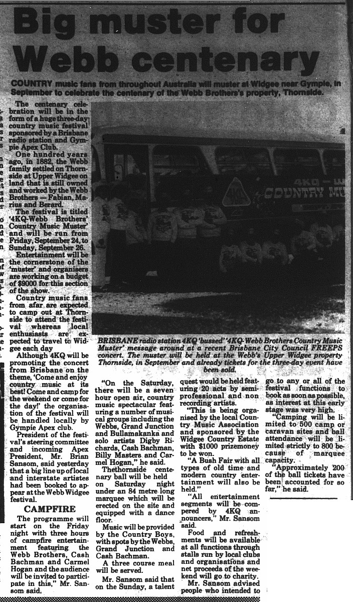 Gympie Times, Saturday, July 24, 1982 p.1 Big muster for Webb centenary