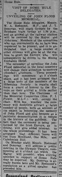 Gympie Times, Saturday, September 23, 1911 p.3 Visit of Home rule Delegates Unveiling of John Flood Memorial