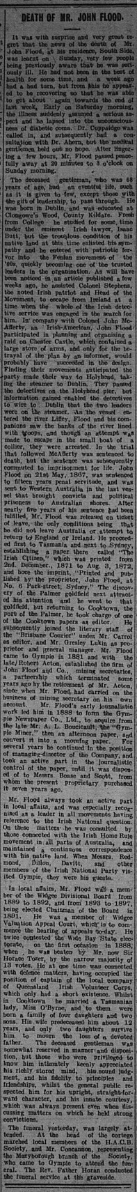 Gympie Times, Tuesday, August 24, 1909 p. 3 Death of Mr John Flood