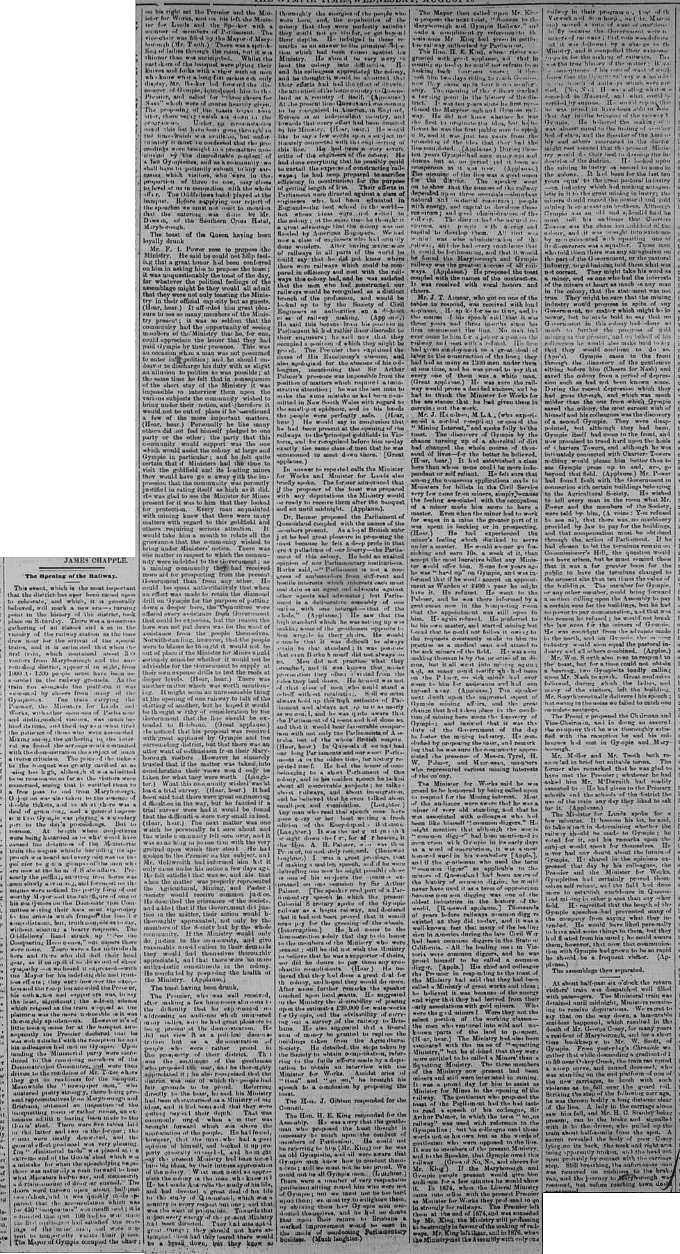 Gympie Times, Wednesday, August 10, 1881 p. 2 Opening of Railway
