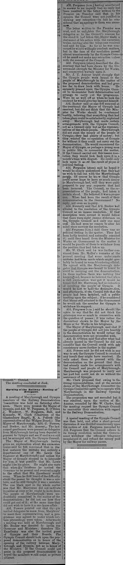 Gympie Times, Wednesday, August 3, 1881 p. 3 Opening of Railway meeting of Delegates