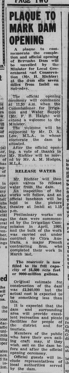 Gympie Times, Thursday, September 10, 1964 p. 2 Plaque to Mark Dam Opening