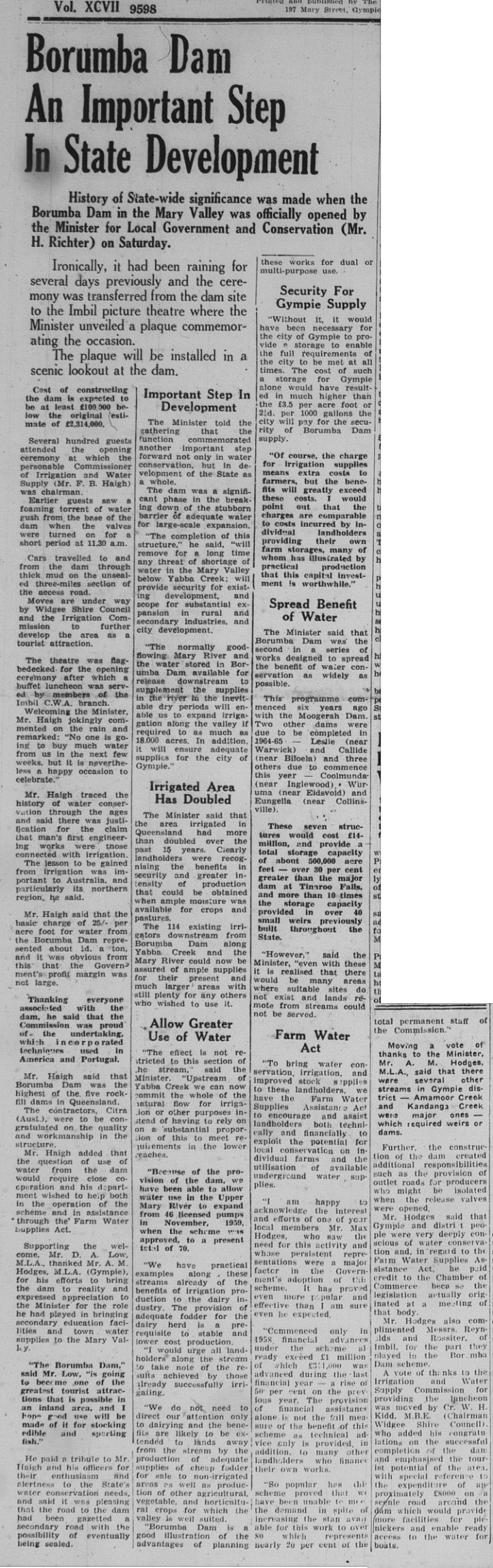 GT Tuesday, September 15, 1964 p. 1 Borumba Dam an important step in State Development