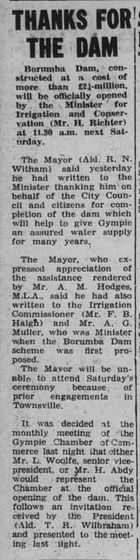 Gympie Times, Tuesday, September 8, 1964 p. 2 Thanks for the Dam