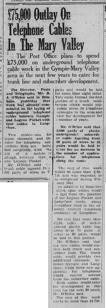 75000 pound outlay on telephone cables in the Mary Valley