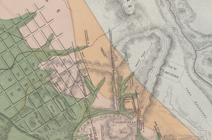 1870 Map, Gympie Goldfields, T. R Hacket - Tozer Park Cemetery,
