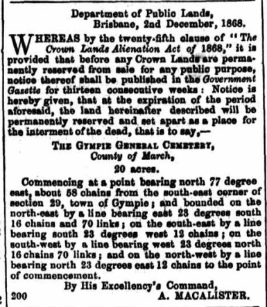 December 1868, Advertisement for 20 acres of Tozer Park Road Cemetery